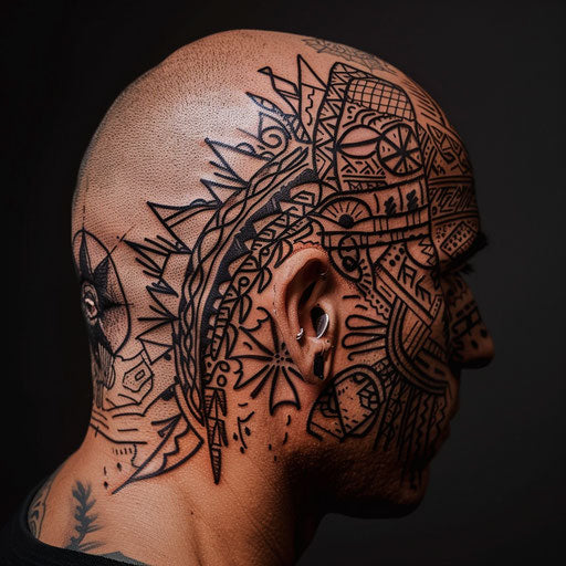 Head tattoos with tribal elements, in the style of Ami James