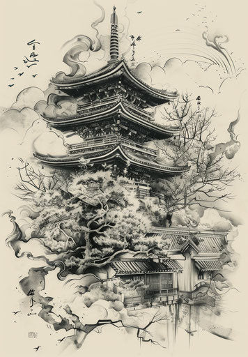 Japanese symbols tattoo designs in architectural drawing style