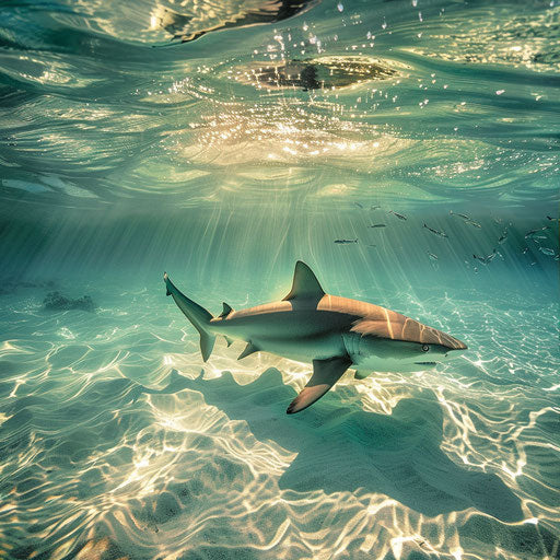 Bull shark in crystal-clear waters, sunbeams breaking through