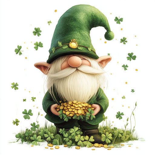 Saint Patrick's Day, gnome with hat full of clovers and gold