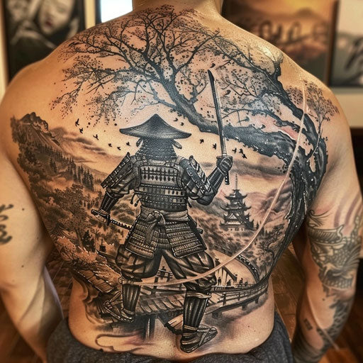 Lower back tattoo of a samurai, Ami James style