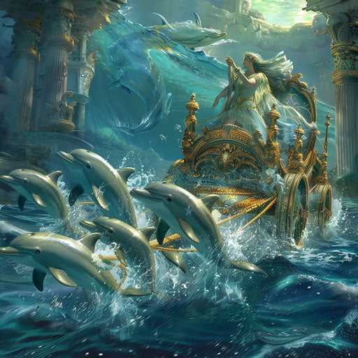 Dolphins pulling a chariot for a sea goddess