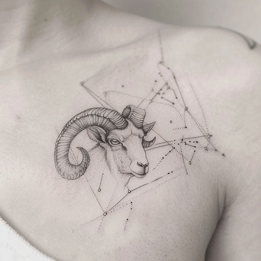 Realistic Aries constellation tattoo, horn integrated, white background