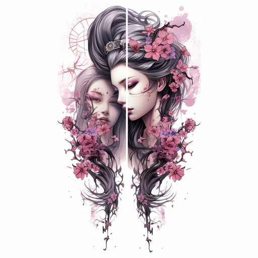 Men's Geisha Portrait Tattoo Sleeves, Silver Magenta