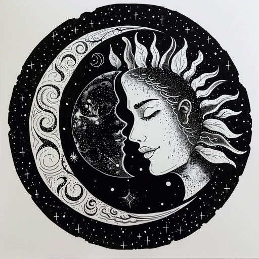 Beautiful silhouette of sun and moon in a black circle on white