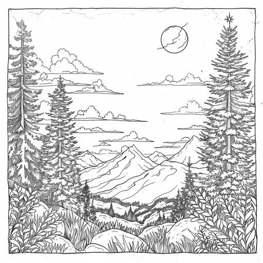 Picturesque mountains with sunset. Coloring book page