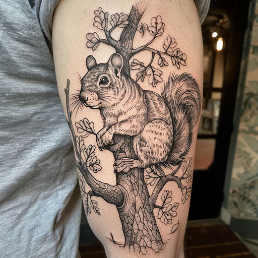Bold flat tattoo sketch of a squirrel with a dramatic, detailed oak tree backdrop