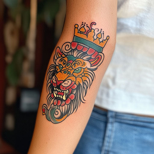 Powerful lion tattoos with crown on inner arm