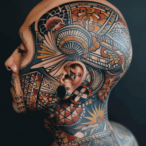Skull tattoos with tribal elements, in the style of Ami James