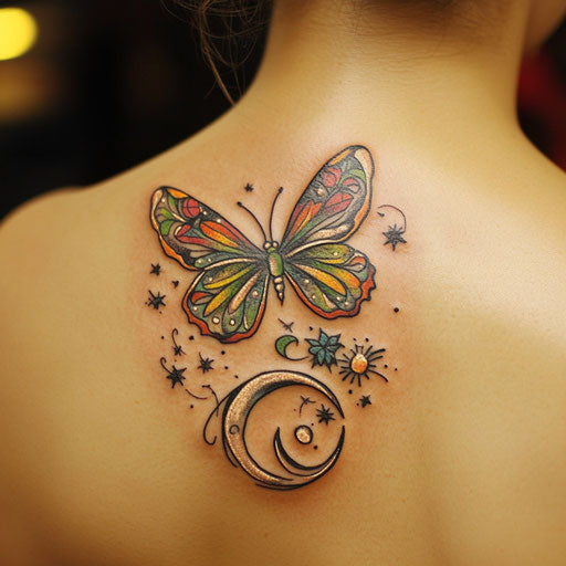 Feminine tattoos with butterfly and crescent moon