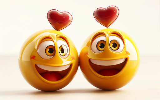 Two yellow smiley faces with hearts on their heads