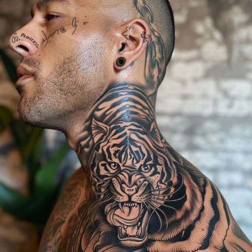 Men's neck tattoo fierce animal designs Ami James style