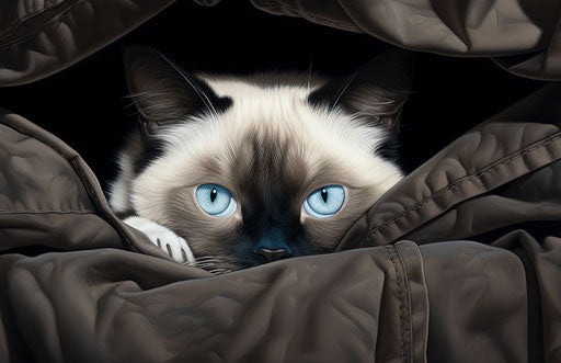 Siamese cat between two dark sky-blue, light beige pillows