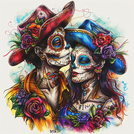 Tattoo sketch of a Chicano art Day of the Dead couple, colorful and detailed