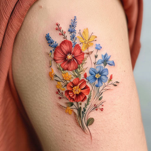 Colorful wildflower bouquet tattoo, vibrant blues, reds, yellows, watercolor style, delicate details