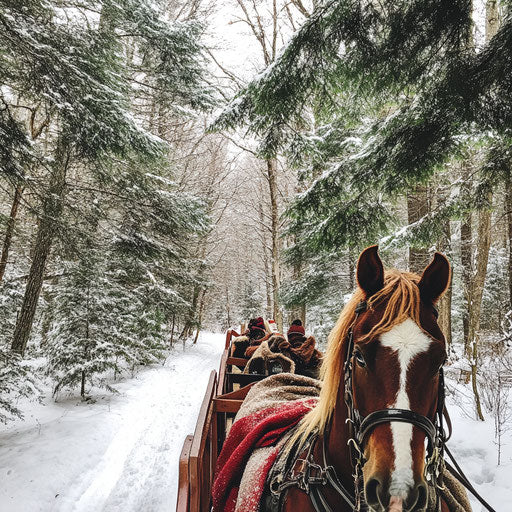 Winter sleigh ride through a forest trail with blankets