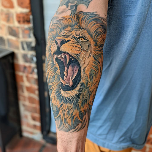 Realistic tattoo of a roaring lion on the forearm
