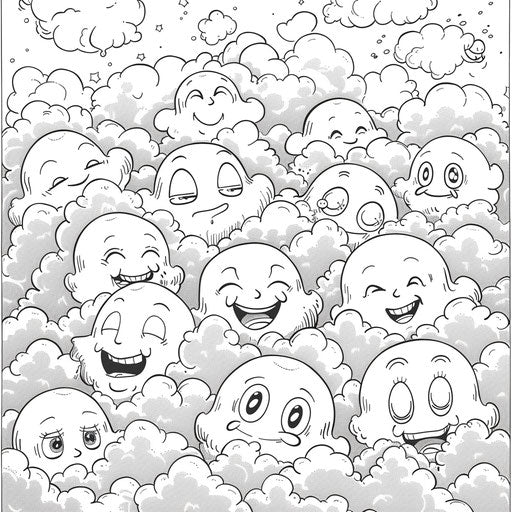 Cartoon clouds with faces expressing different emotions