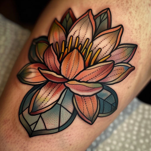 Water lily tattoo in stained glass style, vivid colors
