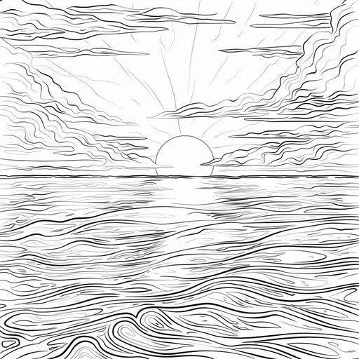 Sunset scene over a calm ocean with reflections in the water. Coloring book page