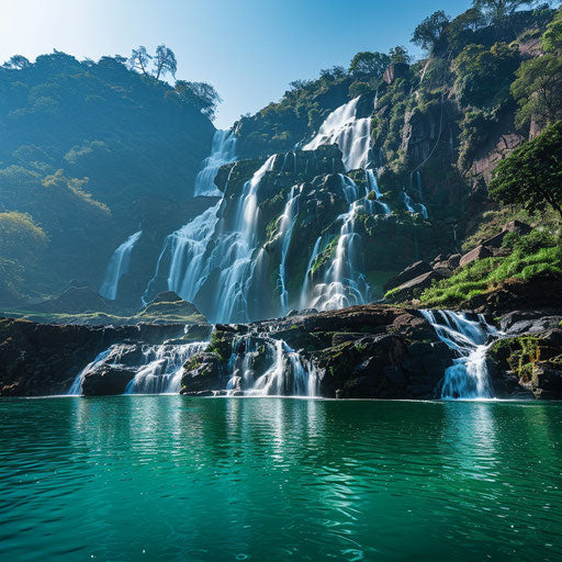 Dudh Sagar Waterfalls with clear waters and rugged cliffs