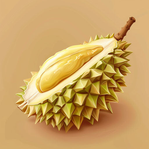 Durian clipart in photo realistic style with a flat random background, ethereal glow and soft edges