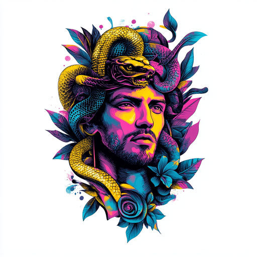 Flat Constantine tattoo sketch with bright neon colors