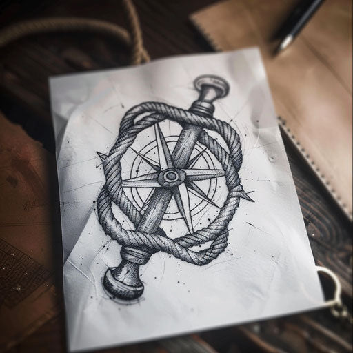Crossed sailor's knots with compass rose, tattoo design in classic nautical style on white canvas