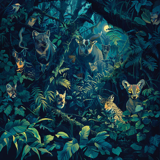 Nocturnal animals emerging at twilight in a dense forest