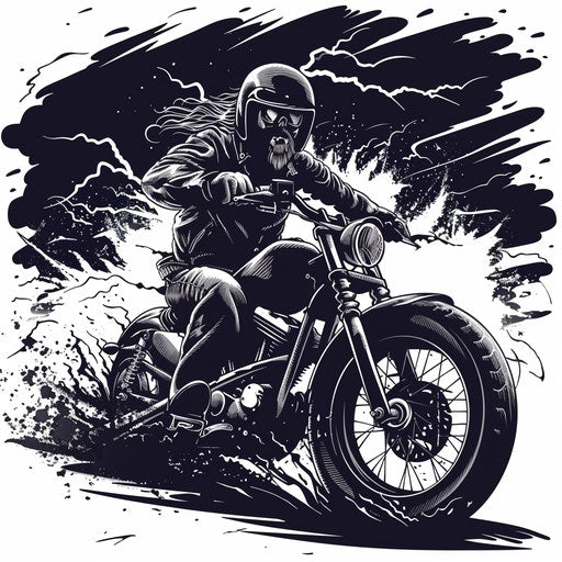 Biker under storm with striking lightning