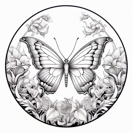 Black butterfly in circle, tranquil garden coloring page