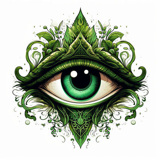 Green, black and white eye with ornamental designs