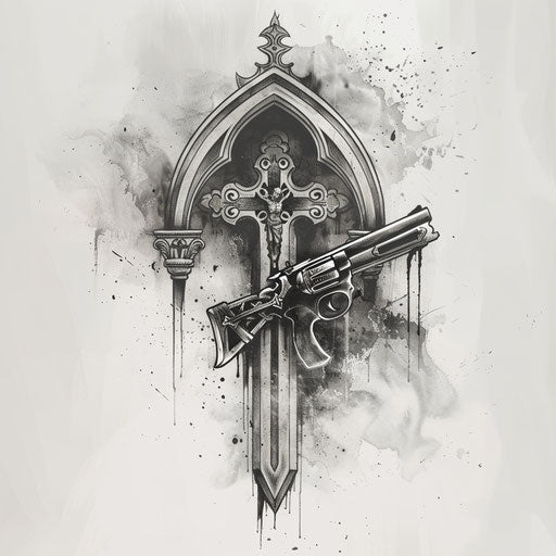 Cross and medieval handgun in gothic tattoo style
