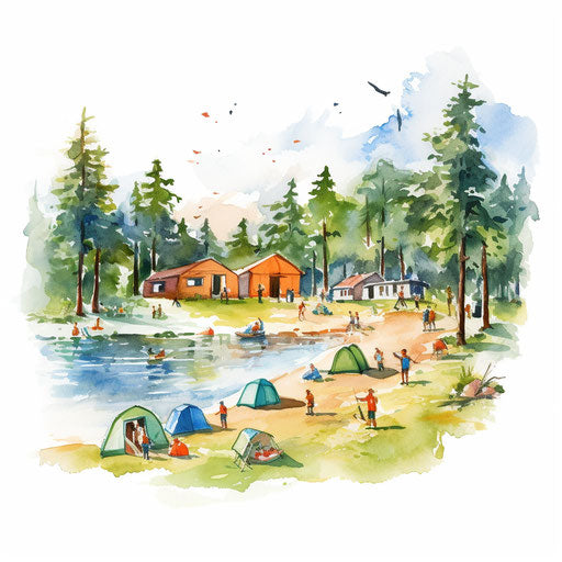 Summer camp clipart in the style of Impressionistic Art, on a white background