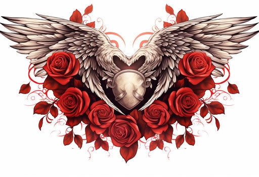 Heart wing and rose tattoo, detailed style, engraved ornaments
