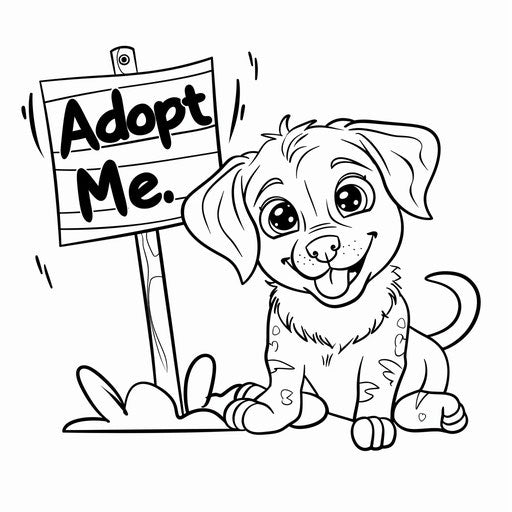 A cute puppy with big, pleading eyes sitting next to a sign that says "Adopt Me." Coloring book page