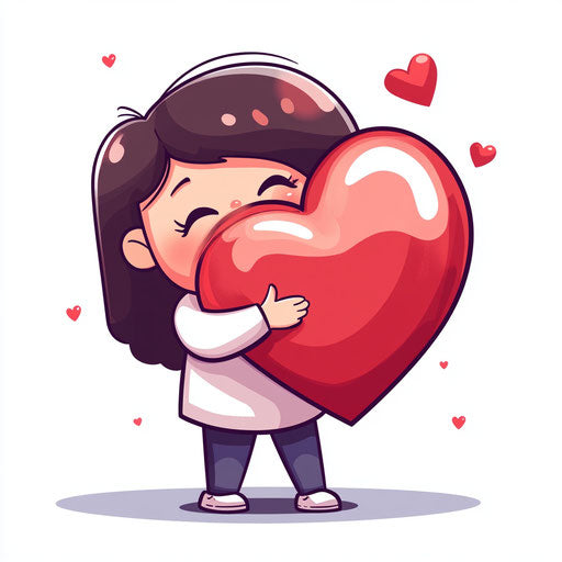 Cute, happy cartoon character hugging a large heart for Valentine's Day