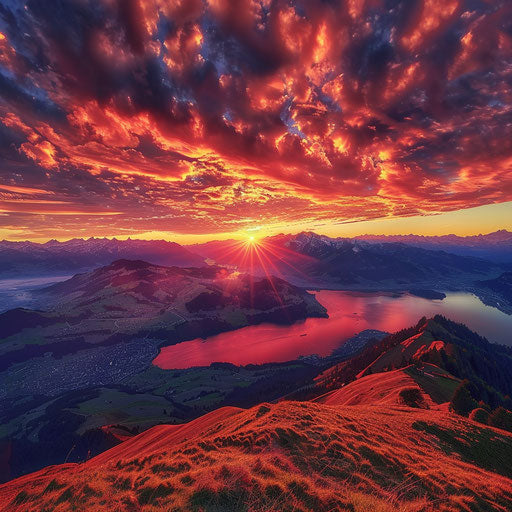 Breathtaking dawn over Mount Rigi, fiery sky