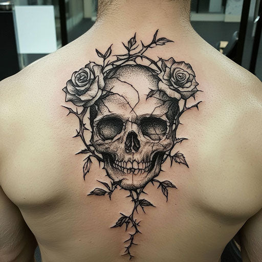 Men's skull tattoos with roses and thorns