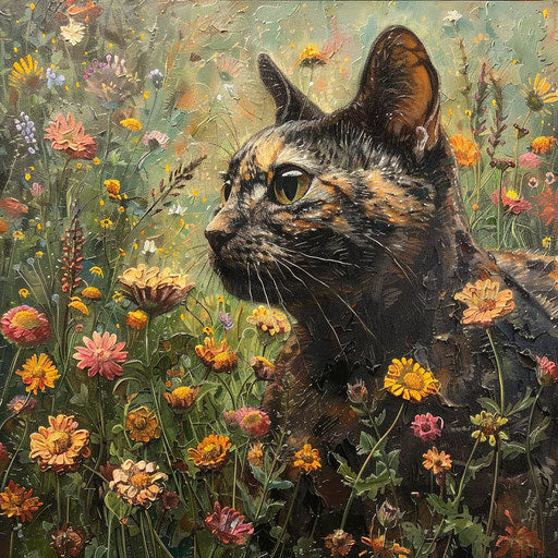 Tortoise cat in a field of flowers