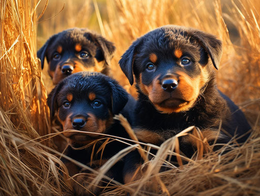 Rottweiler puppies playing in the grass