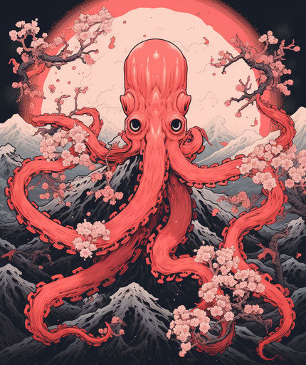 Octopus in red frame, neo-traditional Japanese style