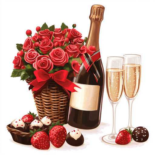 Champagne bottle, bouquet of roses, champagne flutes, and chocolate-covered strawberries