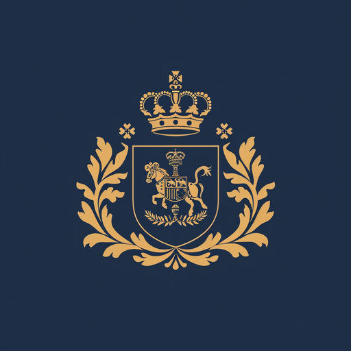 Classic logo with a traditional serif font and a royal crest, in navy blue and gold