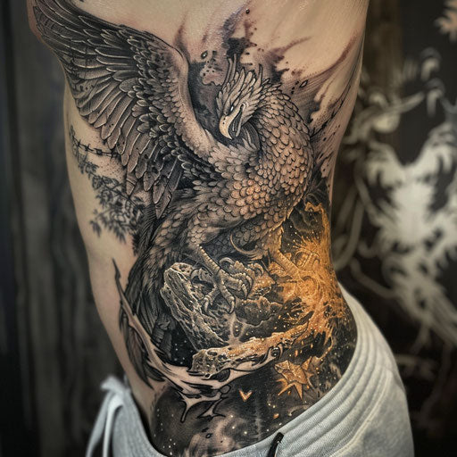 Ink showing mythological phoenix rising from the ashes, J.P. Targete style