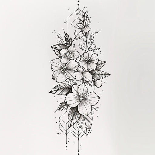 Botanical geometric tattoo design, floral patterns and shapes on white