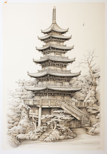 Pen and ink sketch of a three-step pagoda in hyperrealism style