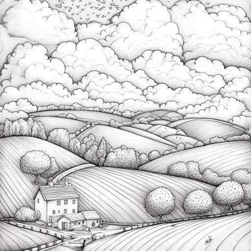 Rainy hills landscape, Gennady Spirin style, coloring page