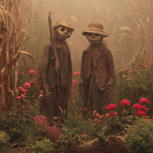 Two unsettling figures stand in a garden