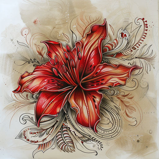Boho chic style tattoo sketch of a red spider lily